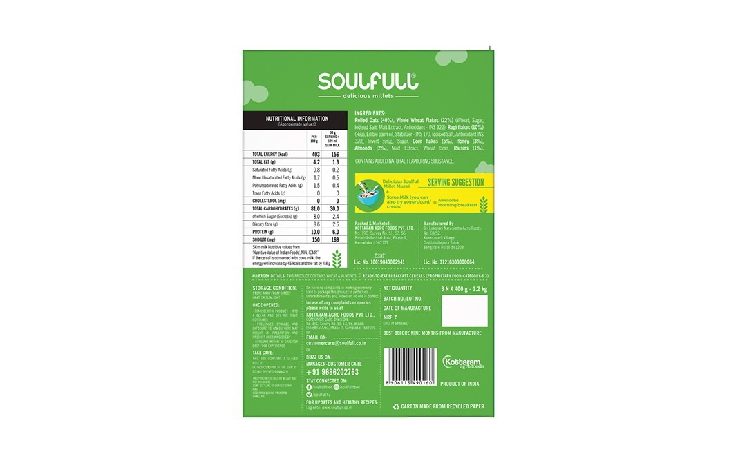 Soulfull Crunchy Millet Muesli Almonds & Raisins   Box  1.2 kilogram
